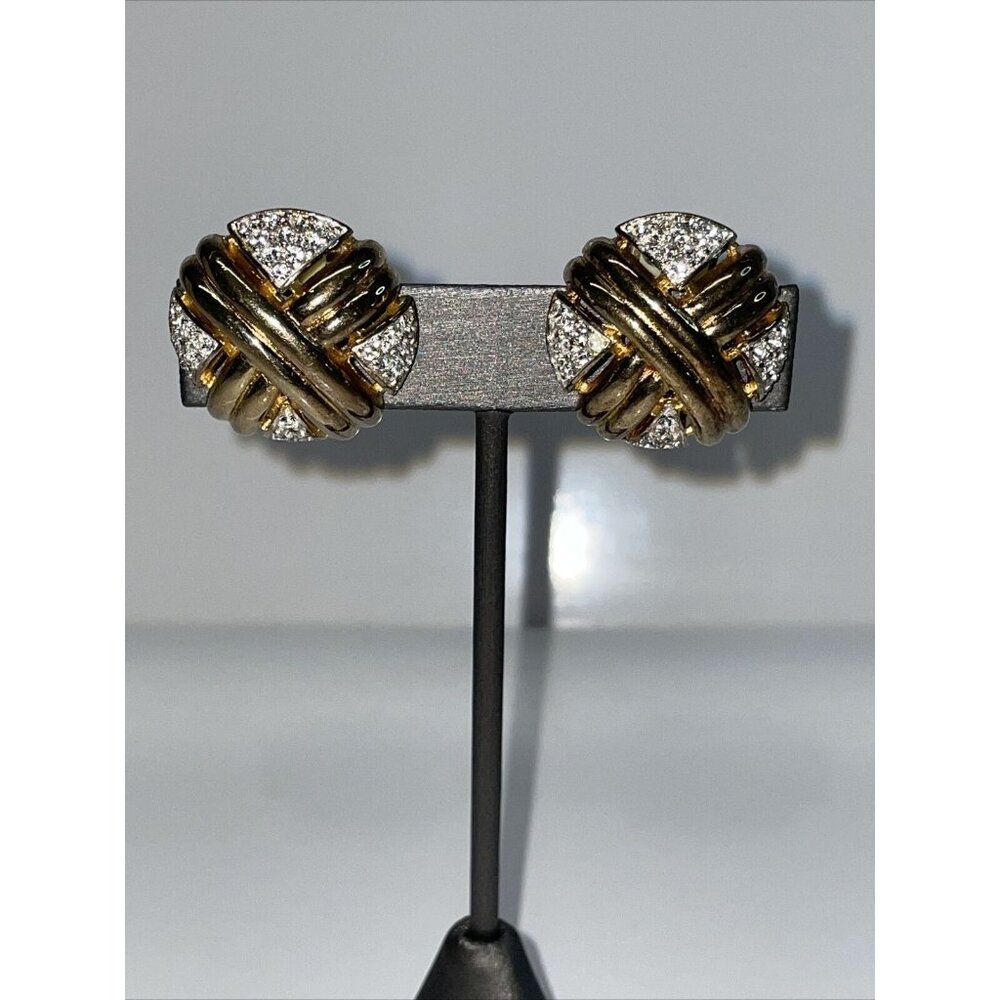 Jackie Orr Rhinestone Wrap Gold Tone Round Clip On Earrings Vintage Retro A197‎